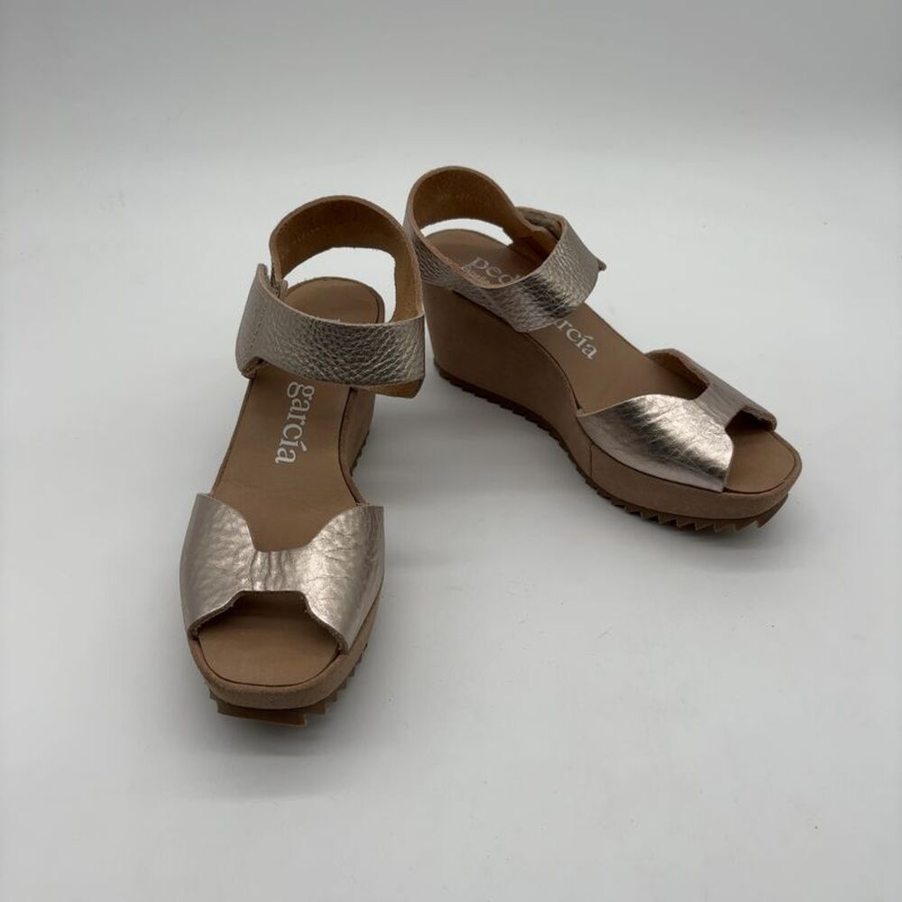 Pedro Garcia Wedge Platform Gold Suede Leather Sandals 36